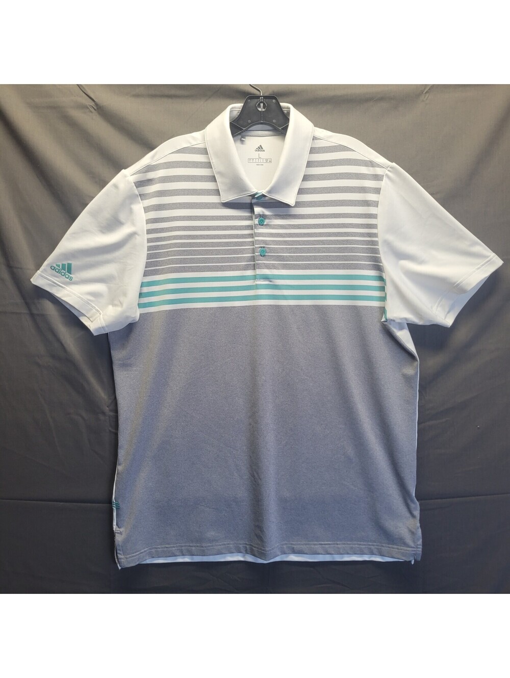 ADIDAS L Polo Mens Athletic Grey and Green Stripe Golf Outdoor Spring Summer